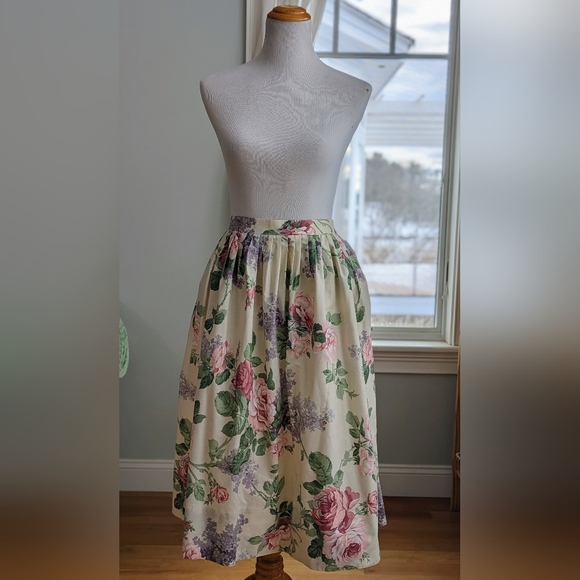 ✨sold✨Vintage 80s 90s Ivory Roses Midi Skirt Cotton 18 Boho Cottagecore - Picture 2 of 3